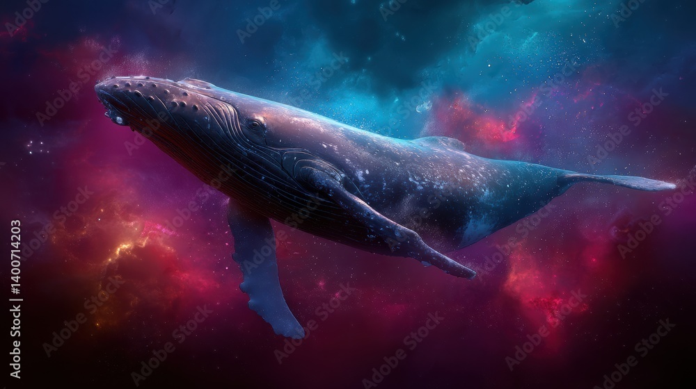 Fototapeta premium Majestic Humpback Whale Swimming Through a Cosmic Nebula, Captured in Vibrant Details with Dreamlike Colors, Evoking a Sense of Wonder and Serenity in an Ethereal Setting