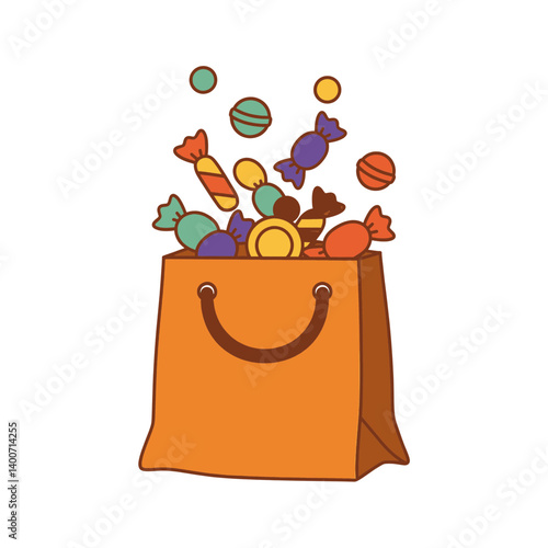 Halloween Treat Overflow: A charming illustration depicts a vibrant orange paper bag overflowing with an assortment of colorful candies. Its playful design evokes a sense of festive delight.