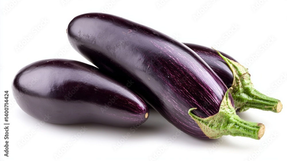 Three purple eggplants are sitting on a white background Three purple eggplants are sitting on a white background