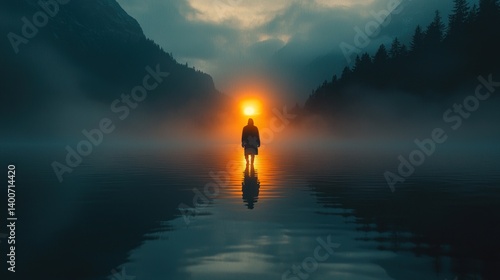Silhouette wading through water towards the warm glow on the foggy lake