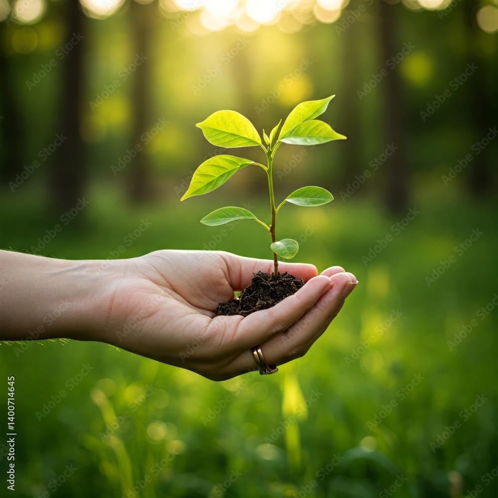 Environment Earth Day In the hands of trees growing seedlings. Bokeh green Background Female hand holding tree on nature field grass Forest conservation concept