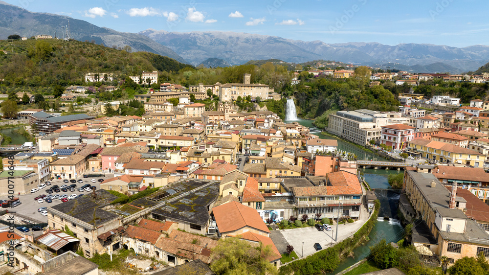 Aerial view of Isola del Liri, simply known as Isola Liri. It is an Italian city of Lazio, Italy, in the province of Frosinone. The town is famous for the waterfall in the historic center.