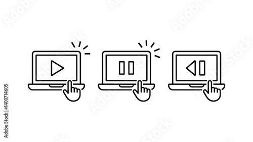 Multimedia Interaction on Laptop: A minimalist vector graphic showcases a series of computer screens, each displaying distinct multimedia control icons.