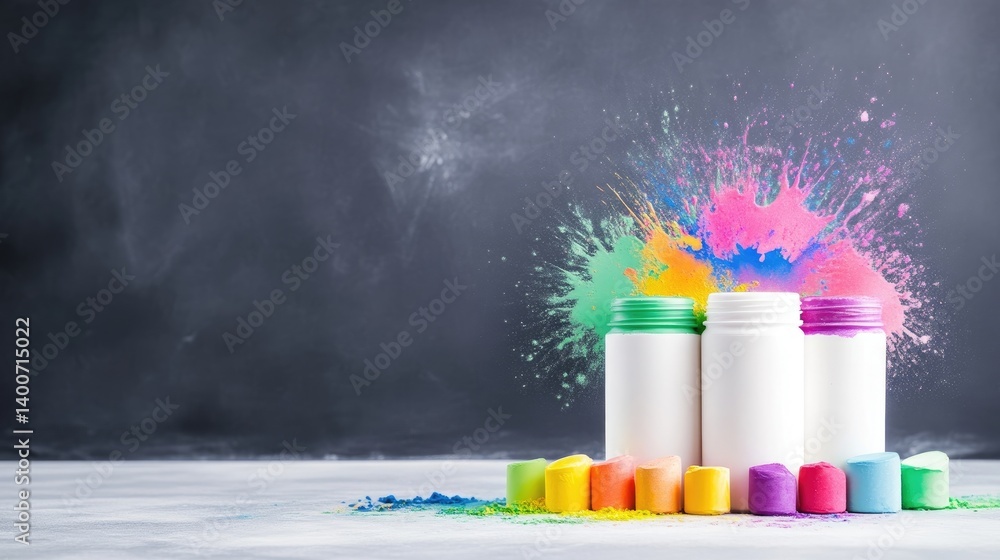 Obraz premium Three colorful paint bottles with splashes of vibrant paint on a dark background, artistic composition with bright hues, and creative concept.