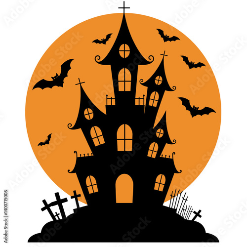 Spooky Halloween Silhouette: A chilling Halloween illustration featuring a haunted house silhouette against a vibrant orange full moon, creating a scene filled with eerie ambiance.