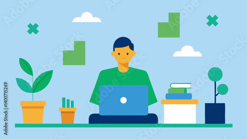 Home Office Setup A modern home office where a person is sitting at a desk with a laptop surrounded by ecofriendly office supplies like a recycled notebook and a plant with a