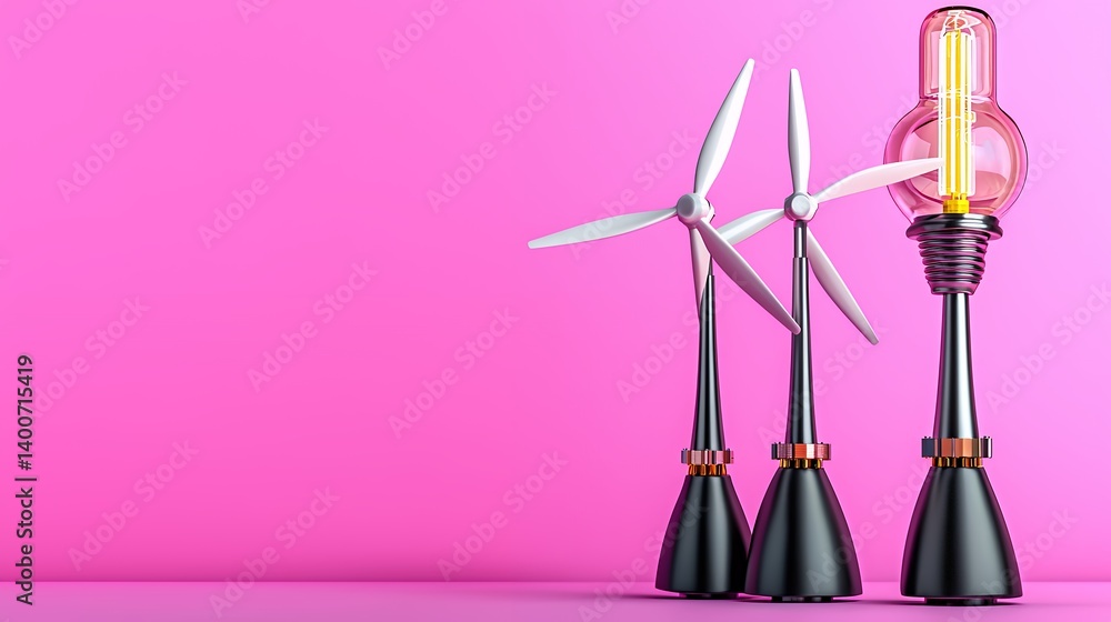 Bright Idea Green Energy Wind Turbines and Lightbulb on Pink Bright Idea Green Energy Wind Turbines and Lightbulb on Pink