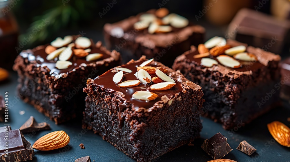 Homemade brownies with gooey fudge center, topped with crunchy almond flakes