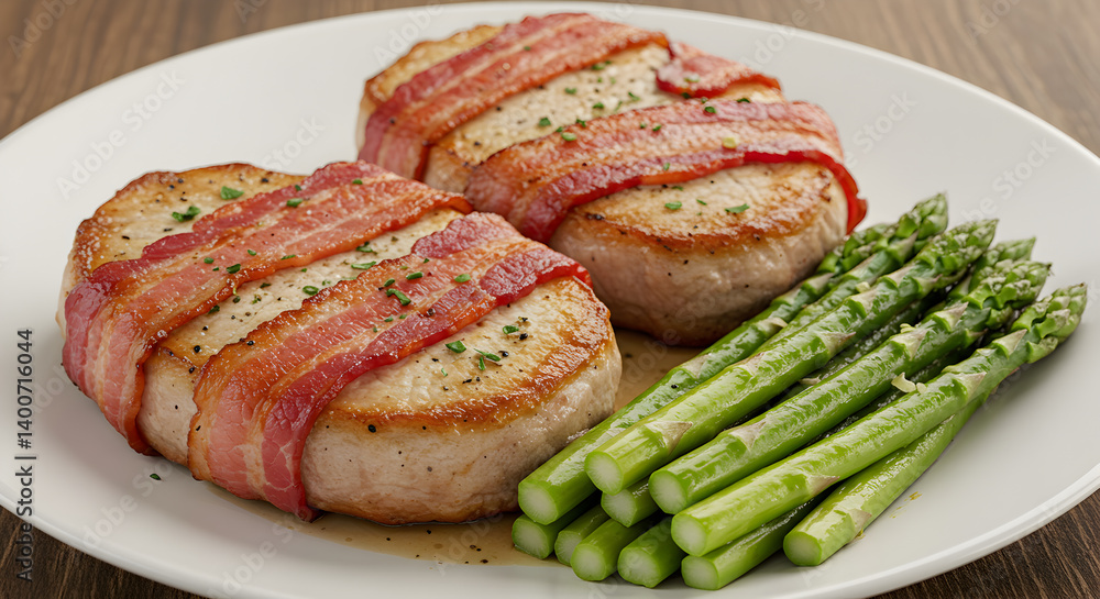 Delicious Bacon Wrapped Pork Chops with Asparagus on White Plate Delicious Bacon Wrapped Pork Chops with Asparagus on White Plate