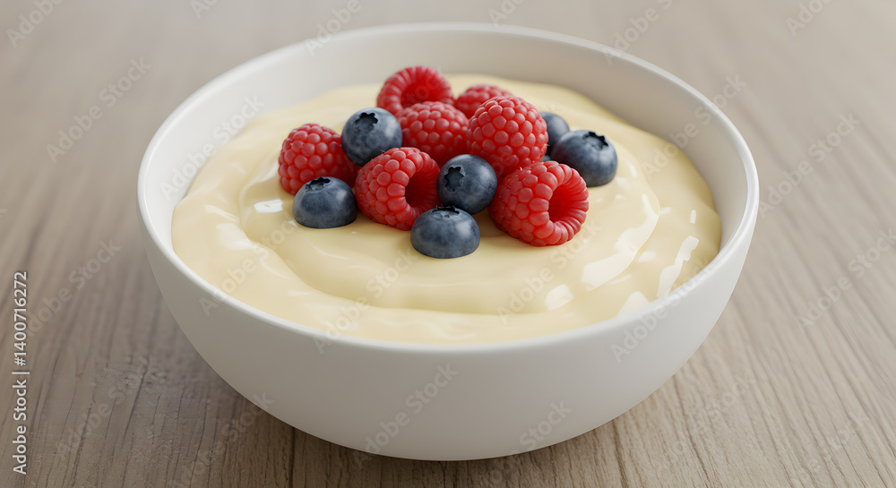 Creamy Vanilla Pudding Served With Fresh Berries And Wooden Background Creamy Vanilla Pudding Served With Fresh Berries And Wooden Background