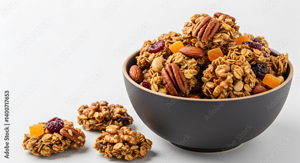 Obraz premium Homemade Granola Clusters with Nuts and Dried Fruits Still Life