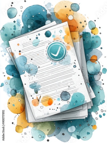 A stack of approved documents with a prominent checkmark seal is presented against a vibrant watercolor background signifying completion and official acceptance of important