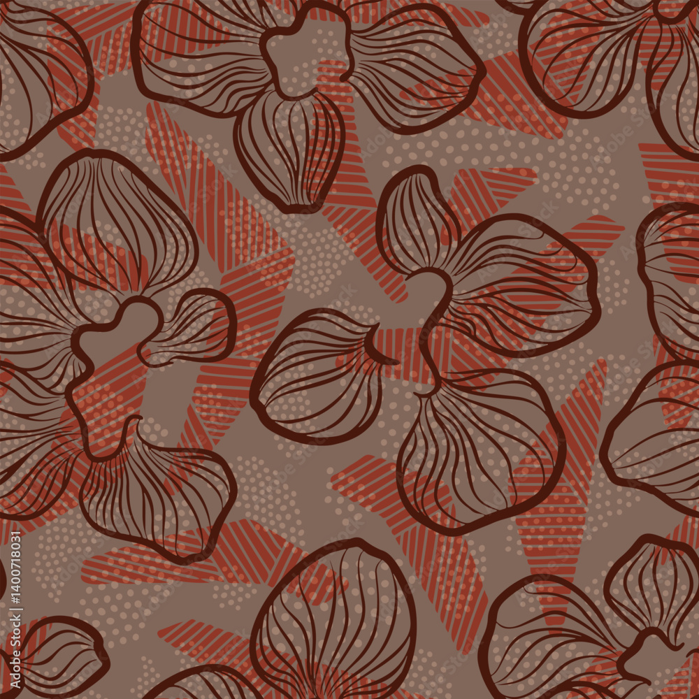 Seamless vector pattern with dark brown line flowers, striped orange shapes and soft dotted textures on cocoa beige background Seamless vector pattern with dark brown line flowers, striped orange shapes and soft dotted textures on cocoa beige background