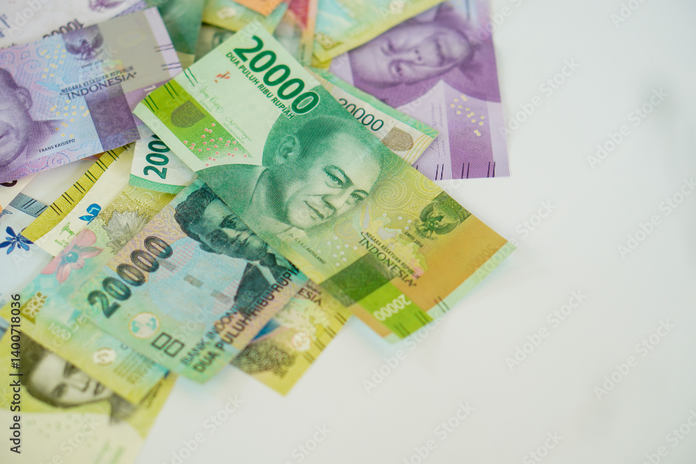 stack of various Indonesian banknotes with negative space, from one thousand rupiah to twenty thousand rupiah. Suitable for background, finance, banking, cash, savings. stack of various Indonesian banknotes with negative space, from one thousand rupiah to twenty thousand rupiah. Suitable for background, finance, banking, cash, savings.