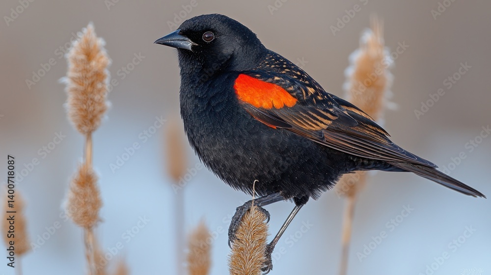 Blackbird perched on dried reeds