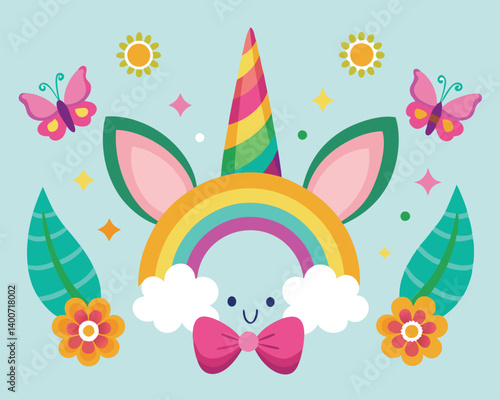 Cute Rainbow Unicorn Illustration with Flowers and Butterflies