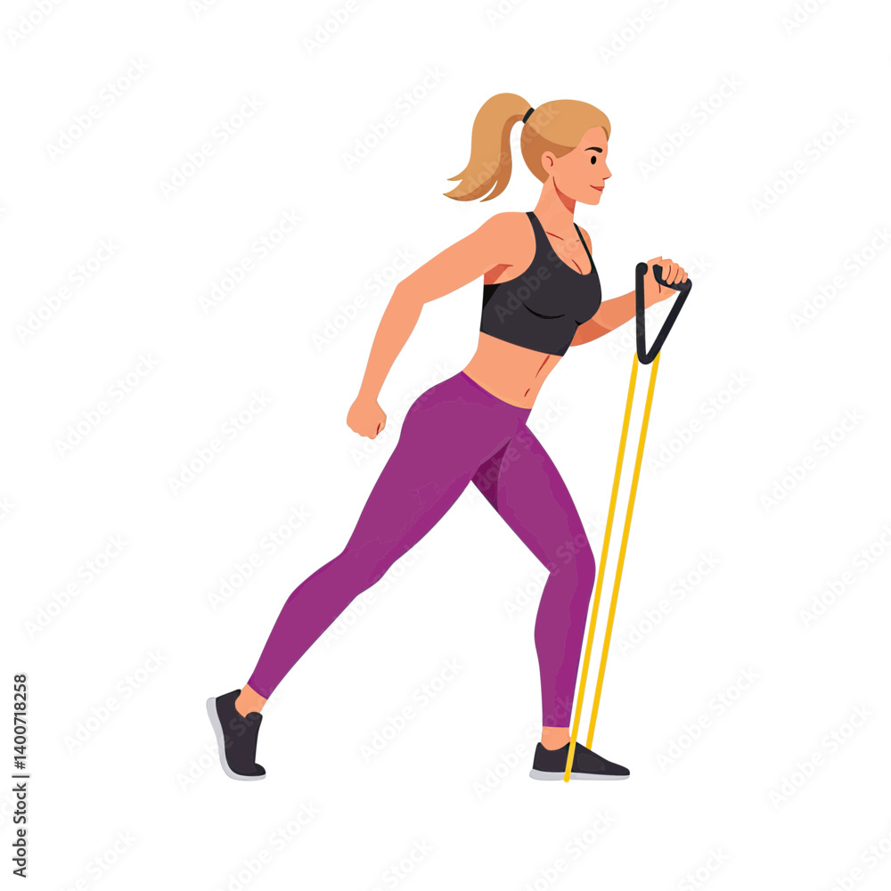 Empowered Fitness: A determined woman embodies strength and determination as she engages in a resistance band workout. Her focused expression reflects the dedication to wellness.