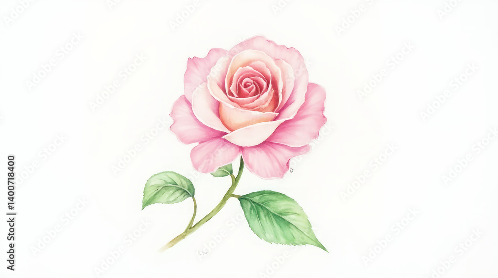 Painted Single Pink Rose with Vibrant Green Leaves in Watercolor Style Using Soft Blended Tones Painted Single Pink Rose with Vibrant Green Leaves in Watercolor Style Using Soft Blended Tones