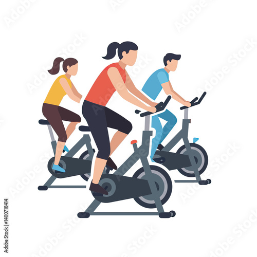 Indoor Cycling Class: Energetic individuals cycle vigorously on stationary bikes in a well-lit gym, striving towards their fitness aspirations, embracing a healthy lifestyle.