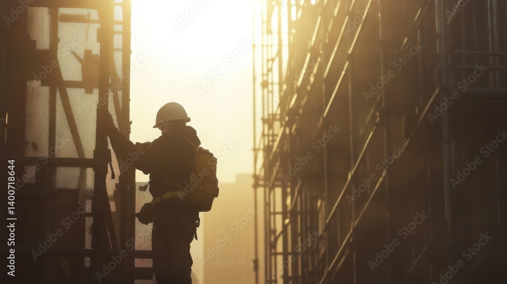 Construction worker securing scaffolding at a building site. Featuring strength and safety Construction worker securing scaffolding at a building site. Featuring strength and safety