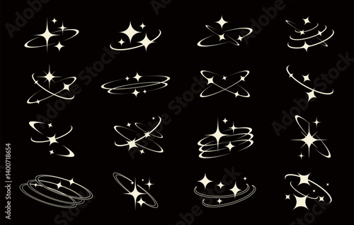stars with orbit line set vector. stylized sparkling frame and border. icon and symbol concept