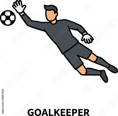 Football Goalkeeper Action: A dynamic illustration captures a determined goalkeeper in mid-air, extending a gloved hand to intercept an incoming soccer ball, embodying agility, precision.