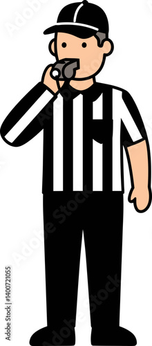 Referee's Whistle: A referee in black and white stripes, headwear, holding whistle to his mouth with focus and authority.