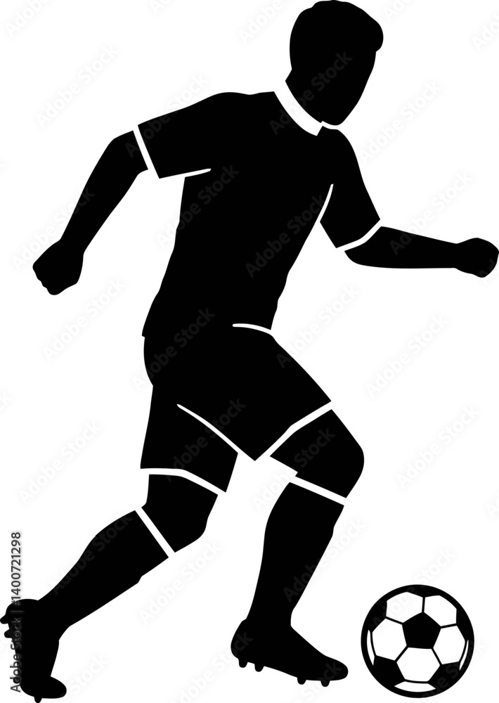 Football Player in Action: A dynamic silhouette of a football player dribbling the ball with skill and determination, a symbol of athletic prowess and competitive spirit. Football Player in Action: A dynamic silhouette of a football player dribbling the ball with skill and determination, a symbol of athletic prowess and competitive spirit.