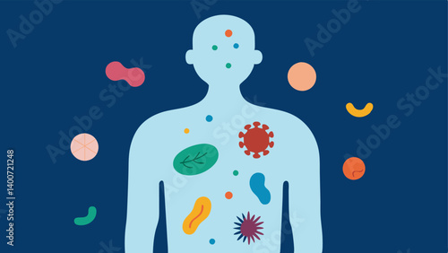 Microbiome Analysis Illustration of a human silhouette with various colorful bacteria and microbes depicted around the gastrointestinal tract showing the importance of the