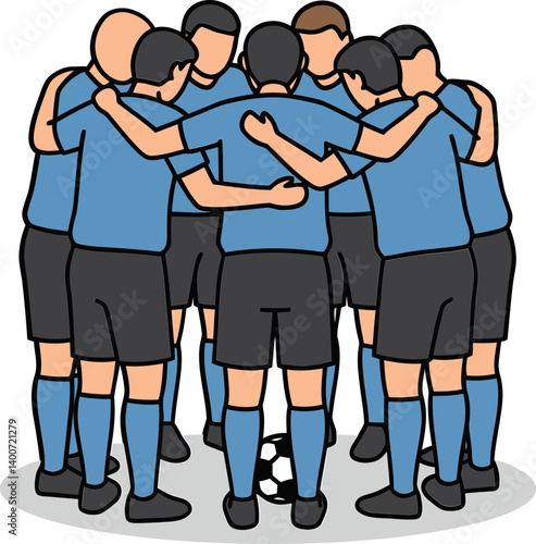 Football Team huddle Illustration: A soccer team gathers in a huddle, arms around each other, forming a tight circle. The bond of teamwork and camaraderie is strong.