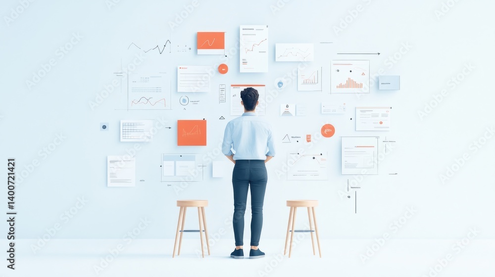 Person contemplates complex data on wall Person contemplates complex data on wall