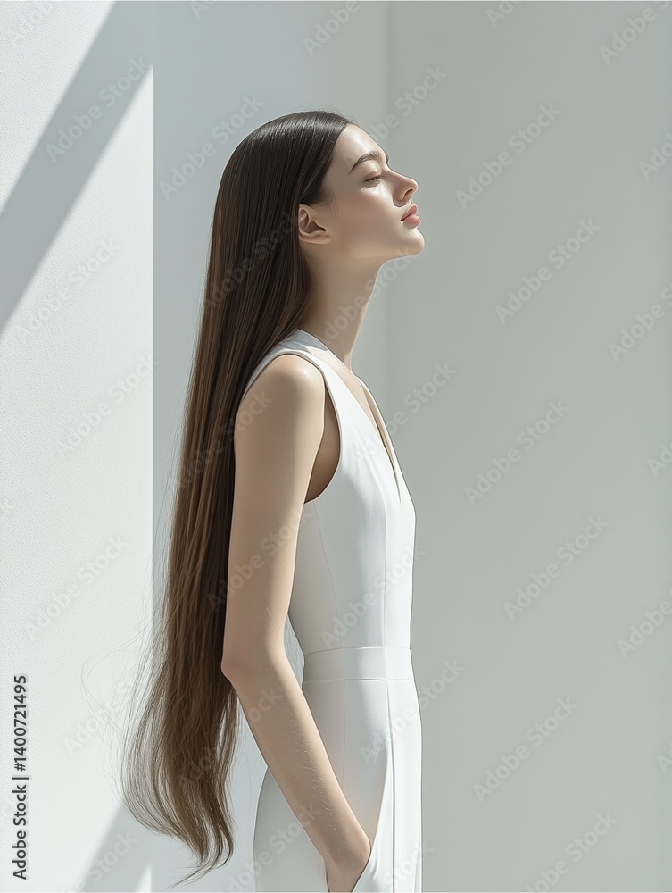 Obraz premium Stylish woman with long brown hair standing in sunlight against white minimalist wall