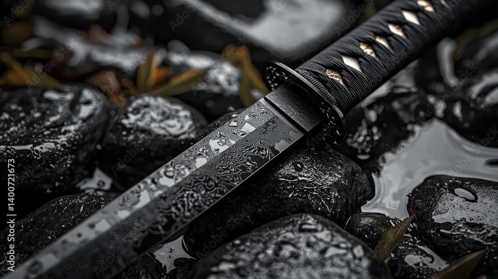 Sharp katana blade on wet rocks Sharp katana blade on wet rocks