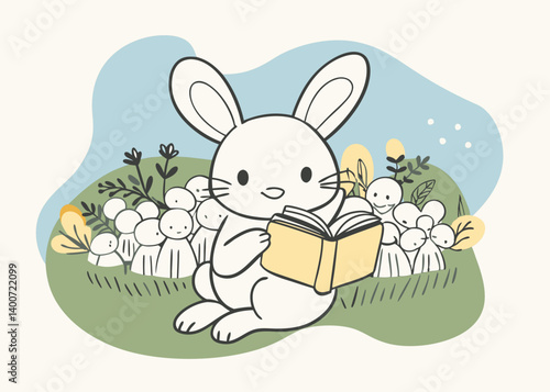Cute Bunny Reading a Book in a Meadow Illustration