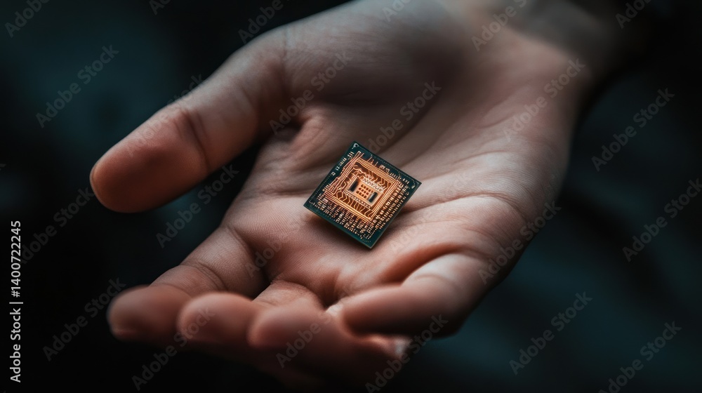 Fototapeta premium A person holding a small square integrated circuit in their palm