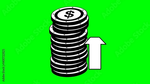 video animation black and white icon stack coins with arrow moving up in economic inflation concept, on a green chroma key background