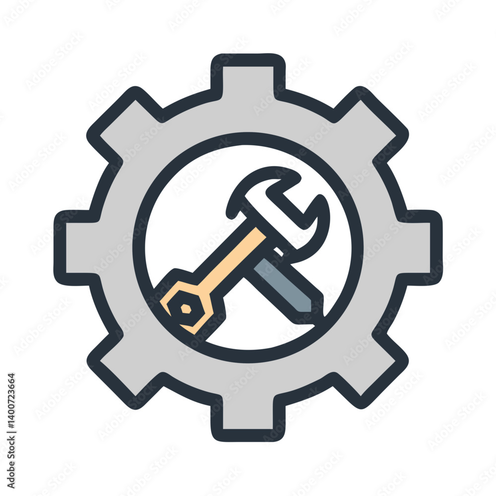 Gear with Hammer Symbol Icon Representing Construction Tools and Mechanical Work Gear with Hammer Symbol Icon Representing Construction Tools and Mechanical Work
