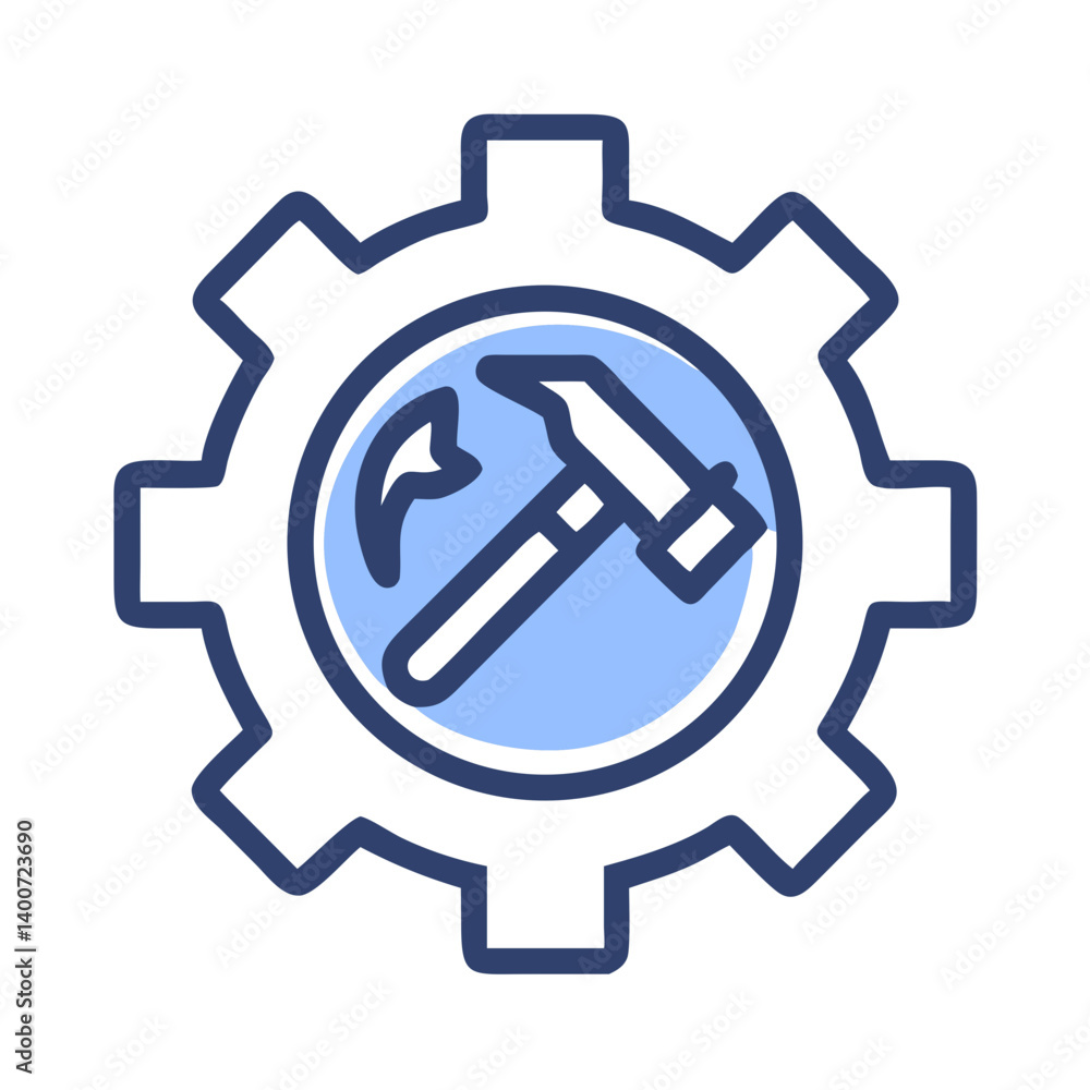 Gear with Hammer Symbol Icon Representing Construction Tools and Mechanical Work Gear with Hammer Symbol Icon Representing Construction Tools and Mechanical Work