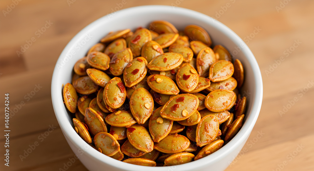 Homemade Spicy Roasted Pumpkin Seeds in a Small White Bowl Homemade Spicy Roasted Pumpkin Seeds in a Small White Bowl