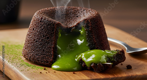 Delicious Matcha Lava Cake Cracked Open with Thick Green Filling Oozing Out