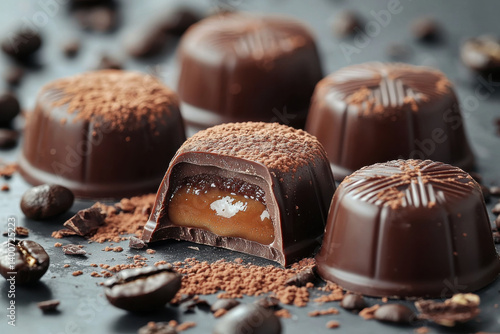 Decadent espresso filled chocolates with caramel centers, dusted with cocoa powder, surrounded by coffee beans