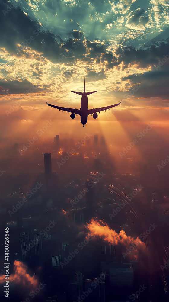 Naklejka premium A plane comes in for a landing in the sky above a bustling city at sunset