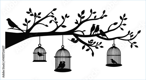 Black tree branch with hanging bird cages vector design. Birds in tree cages black silhouettes vector