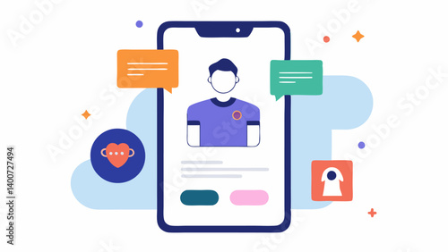 Mobile Shopping App An illustration of a smartphone showing an AI chat interface that suggests clothing items based on previous purchases with a users profile picture in the