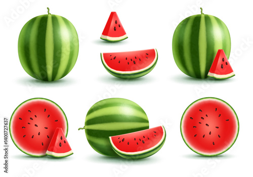 Realistic 3D watermelon. Set of whole, slice, piece of watermelon isolated. tropical fruit