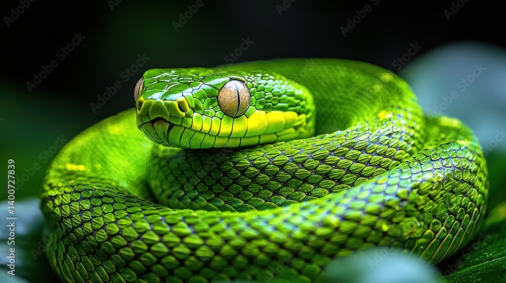 Emerald green snake coiled Emerald green snake coiled