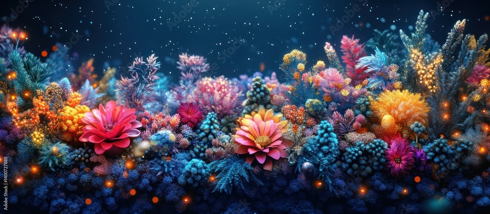 Vibrant underwater floral display, glowing flora, magical depth Vibrant underwater floral display, glowing flora, magical depth