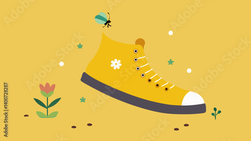 HighTop Haven A retrostyle hightop shoe featuring a cheerful yellow color is turned upside down. The tongue of the shoe serves as a small planter with delicate succulent plants