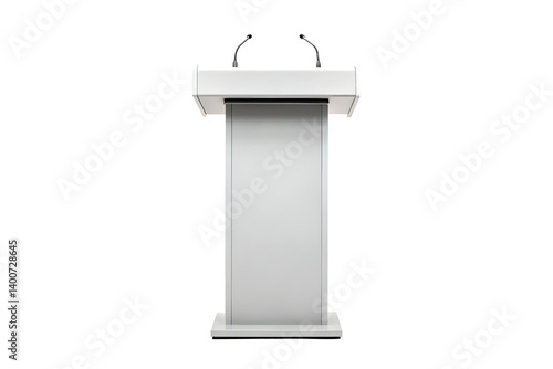 Modern Wooden and Metal Lectern with Dual Microphones for Presentations.