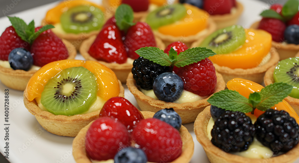 Assorted Mini Fruit Tartlets Topped With Glaze and Mint Leaves Assorted Mini Fruit Tartlets Topped With Glaze and Mint Leaves